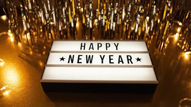 Happy new year celebration with golden tinsel and lightbox
