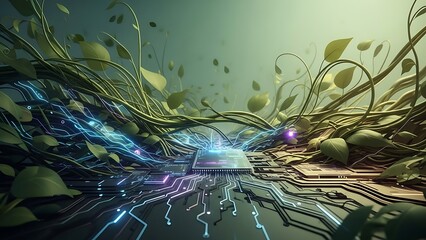 Neural network architecture with glowing circuits and microchips.