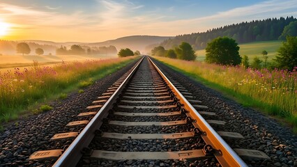 Fototapeta premium Peaceful railway journey through fields bathed in golden mist vibrant wildflowers warm