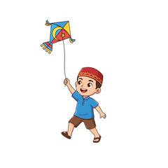 Joyful Muslim Boy Flying a Kite with Crescent and Star Symbol Outdoors