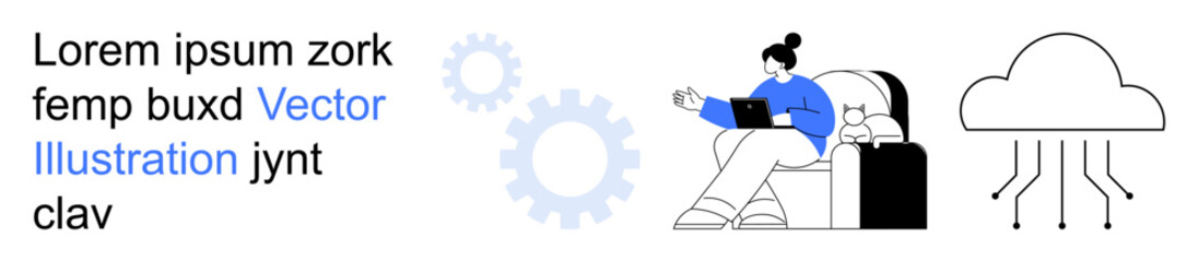 Cloud computing, remote work, data storage, technology innovation, online collaboration, connectivity. Person sitting with a laptop near technology icons. Cloud computing and remote work concept