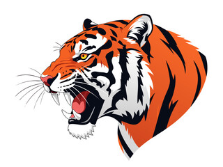 A fierce tiger with its mouth open, showing sharp teeth and a powerful roar, with striking orange and black stripes.