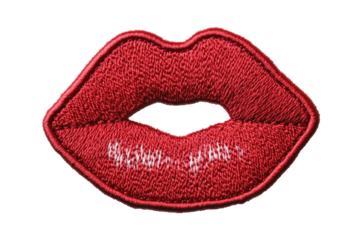 A vibrant red embroidered patch of lips with white teeth, perfect for fashion and design projects, adding a touch of style and beauty