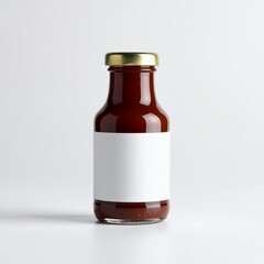 Elegant amber sauce in glass bottle with blank white label on seamless backdrop