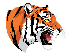 A fierce tiger's head in profile, roaring with its mouth open and teeth bared.