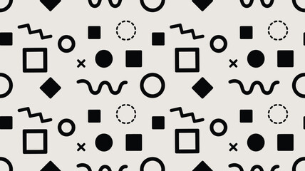Fun minimalist repeating pattern featuring black circles squares and squiggly lines on a pale surface