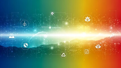 Vibrant digital landscape with glowing light and iconic symbols in a rainbow gradient.