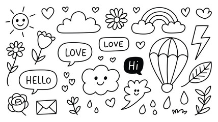 Obraz premium Hand drawn doodle collection featuring hearts sun clouds flowers and speech bubbles with cute messages