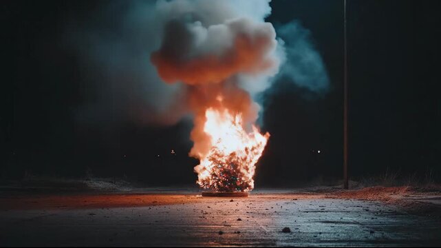 A burning Christmas tree creates a surreal and dramatic scene.