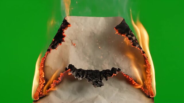 Vintage Parchment Consumed by Energetic Flames on Green Screen Background and Black Screen Transition