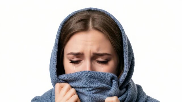 Young Woman Crying Emotionally Covered with a Blue Scarf Against a White Background