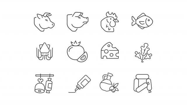 Gourmet line animation set. Food ingredients animated icons. Livestock animals, protein sources. Agriculture harvesting. Outline elements on white background. HD video with alpha channel