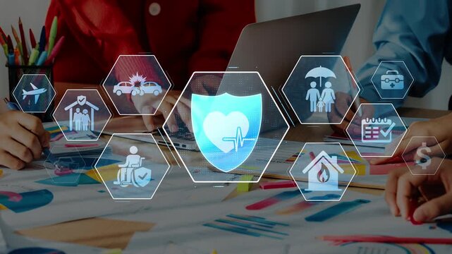 An innovative health insurance concept showcases digital icons on a laptop, highlighting diverse services and support in a modern office environment focused on customer care. Raster