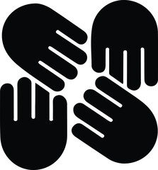 Obraz premium Hands forming unity teamwork icon, Black silhouette icon of four hands arranged in a circle, representing teamwork, cooperation, unity, and community collaboration concepts.