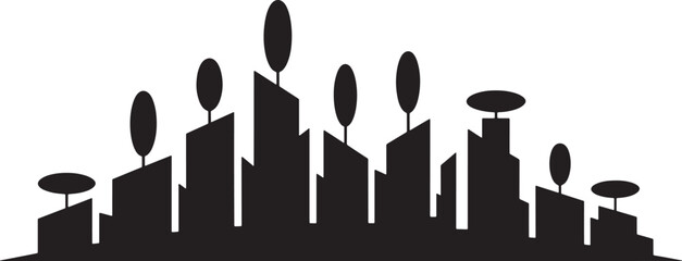 Black silhouette of modern city skyline with simple architecture on transparent backdrop