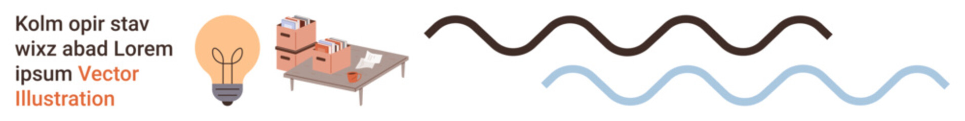 Creativity, innovation, organization, design processes, workspaces, problem-solving. Light bulb, desk with stacked files wavy lines. Creativity and innovation visual theme for conceptual design