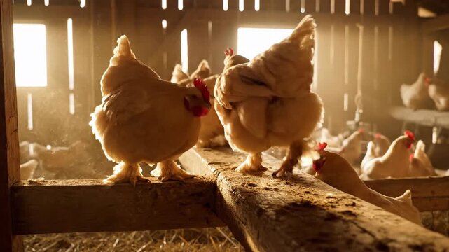 Sun-drenched chickens gather on a wooden perch inside a rustic barn with dusty light beams illuminating the scene creating a tranquil farm atmosphere