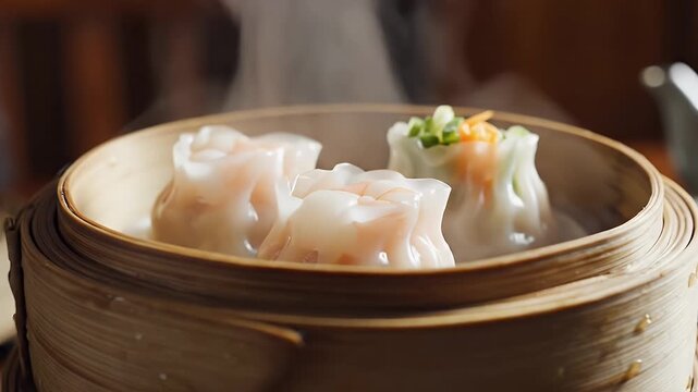 Delicate steamed dim sum baskets stacked high