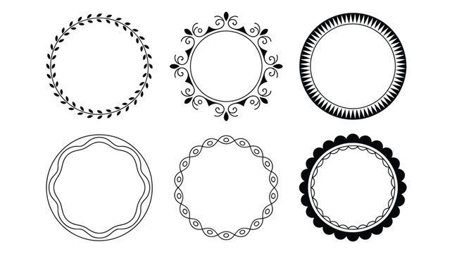 Six distinct black outline circular frames featuring diverse decorative elements like leaves and geometric patterns