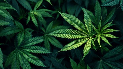 Vibrant green cannabis leaves with serrated edges and pointed tips on dark background.