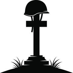 Soldier helmet on cross grave marker with grass silhouette