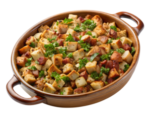 Delicious homemade stuffing with herbs and bread in a ceramic dish