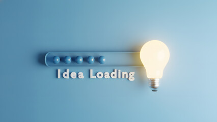 A creative concept showing a loading bar with "Idea Loading" text and a glowing light bulb on a blue background.