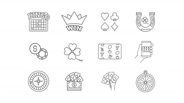 Casino line animation set. Gambling games animated icons. Jackpot lottery, bingo card. Slot machines, playing cards. Outline elements on white background. HD video with alpha channel