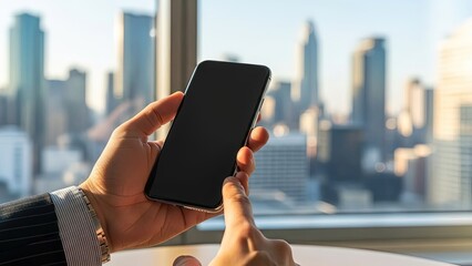 Minimalist business phone model in a gray office setting, black mobile phone.