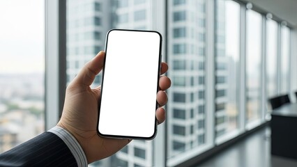 Businessman Hand Holding Smartphone with White Screen in Modern Office