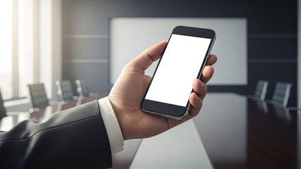 Smartphone with Blank White Screen in Corporate Meeting Room