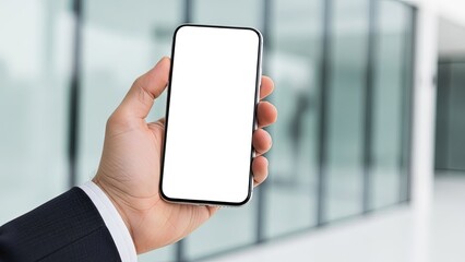 Businessman Hand Holding Smartphone with White Screen in Modern Office