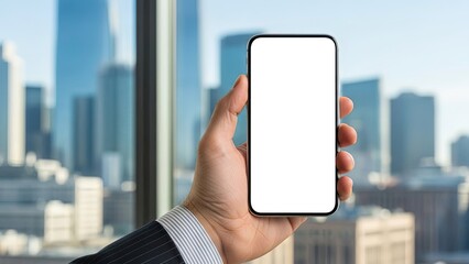 Business Phone Mockup with City Skyline Office Background