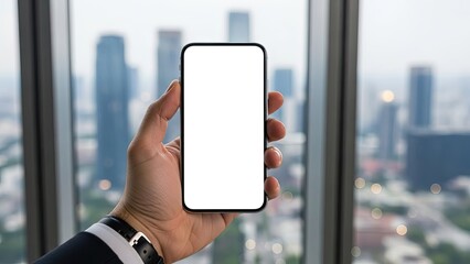 Business Phone Mockup with City Skyline Office Background
