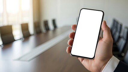 Smartphone with Blank White Screen in Corporate Meeting Room