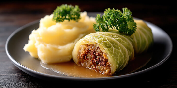 Savoy cabbage roulade stuffed with minced meat and rice, served with mashed potato and brown gravy, garnished with parsley