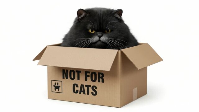 Funny black cat in a box labeled not for cats with a serious expression