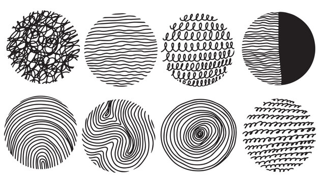 Set of tree rings clip art, vector logo wood ring. Tree cross section. Circle topography line map stock illustration. Black and white vector illustration of a fingerprint. Circular geographic grid map