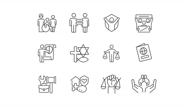 Human rights line animation set. Social diversity animated icons. Equal community, religion freedom. Social justice. Outline elements on white background. HD video with alpha channel