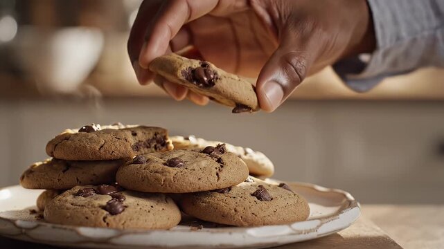 Hand taking a chocolate chip cookie from a pile
