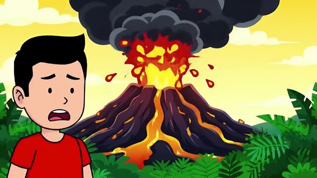 Young boy in a red shirt observes a dramatic volcanic eruption with lava and ash in a lush jungle