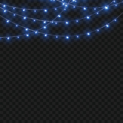 Christmas Blue Crossed Glowing String Lights Border on Transparent Background. Vector