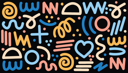 Collection colorful bold curved lines seamless pattern with loops isolated on white. Hand drawn grunge wavy and fun swirl brush strokes. Simple childish vector scribbles and squiggles with basic shape