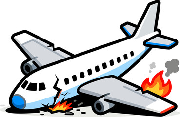 Cartoon Airplane Crash Illustration – Burning Passenger Plane with Fire and Smoke in Flat Vector Accident Concept