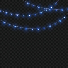 Christmas Blue Crossed Glowing String Lights Border on Transparent Background. Vector