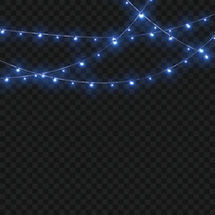 Christmas Blue Crossed Glowing String Lights Border on Transparent Background. Vector