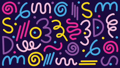 Collection colorful bold curved lines seamless pattern with loops isolated on white. Hand drawn grunge wavy and fun swirl brush strokes. Simple childish vector scribbles and squiggles with basic shape