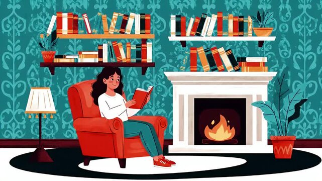 Cozy reading corner featuring a woman relaxing in a red armchair beside a warm fireplace and stacked bookshelves