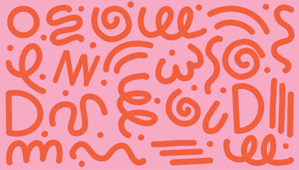 Collection colorful bold curved lines seamless pattern with loops isolated on white. Hand drawn grunge wavy and fun swirl brush strokes. Playful Abstract Squiggles and Dots on Pink with basic shape