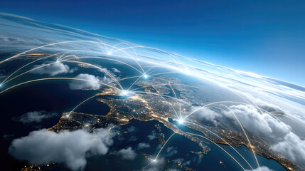 Global network connection concept, Earth from space with glowing city lights, digital communication lines, technology, and cloud coverage